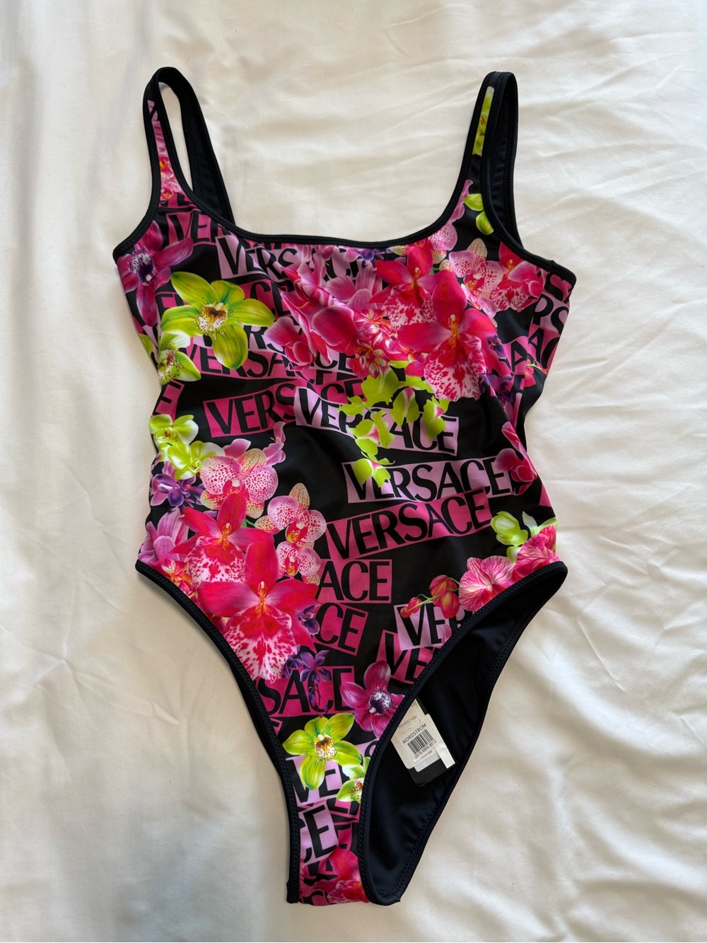Versace Black One-Piece Swimsuit with Pink & Green Floral Print